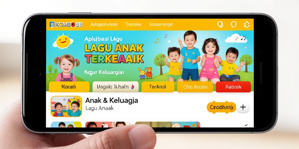 Antarmuka aplikasi KOMBO88 dengan lagu-lagu anak yang ceria.