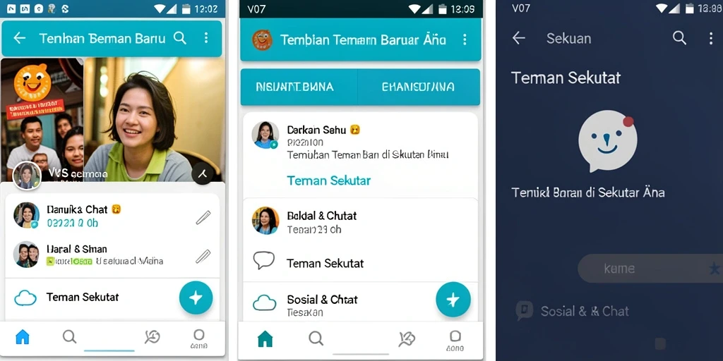 Tampilan aplikasi V07 dengan fitur Teman Sekitar yang menarik.